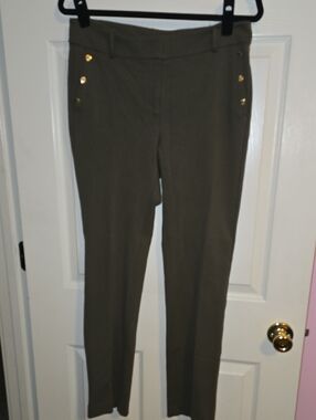 Anne Klein Olive Skinny Pants with Gold Button Detail